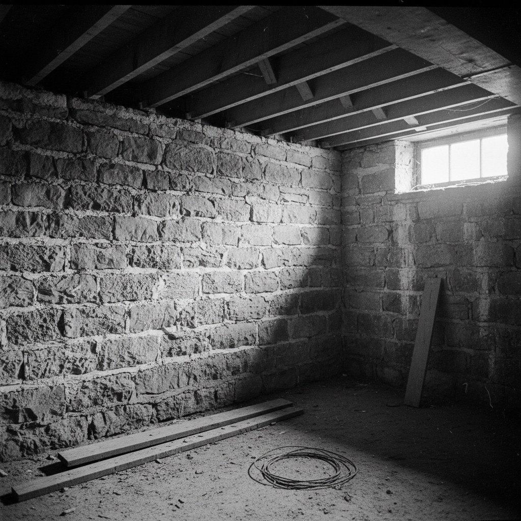 Unfinished basement of an older Cathedral District style home in Sioux Falls with block wall and original joists